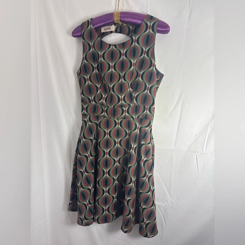 ANTHRO Louche Sleeveless Boho Art Deco Open Back Retro Midi Skater Dress Size S - Picture 10 of 13